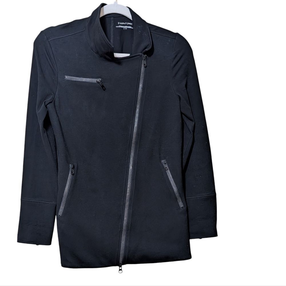 Eileen Fisher full zip moto jacket size XS black organic cotton Asymmetrical